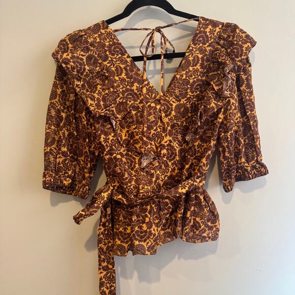 Christy Lynn Stephanie Wrap Top Brown Linen Ruffled Tie Belt Short Sleeve Sz M - Picture 10 of 10